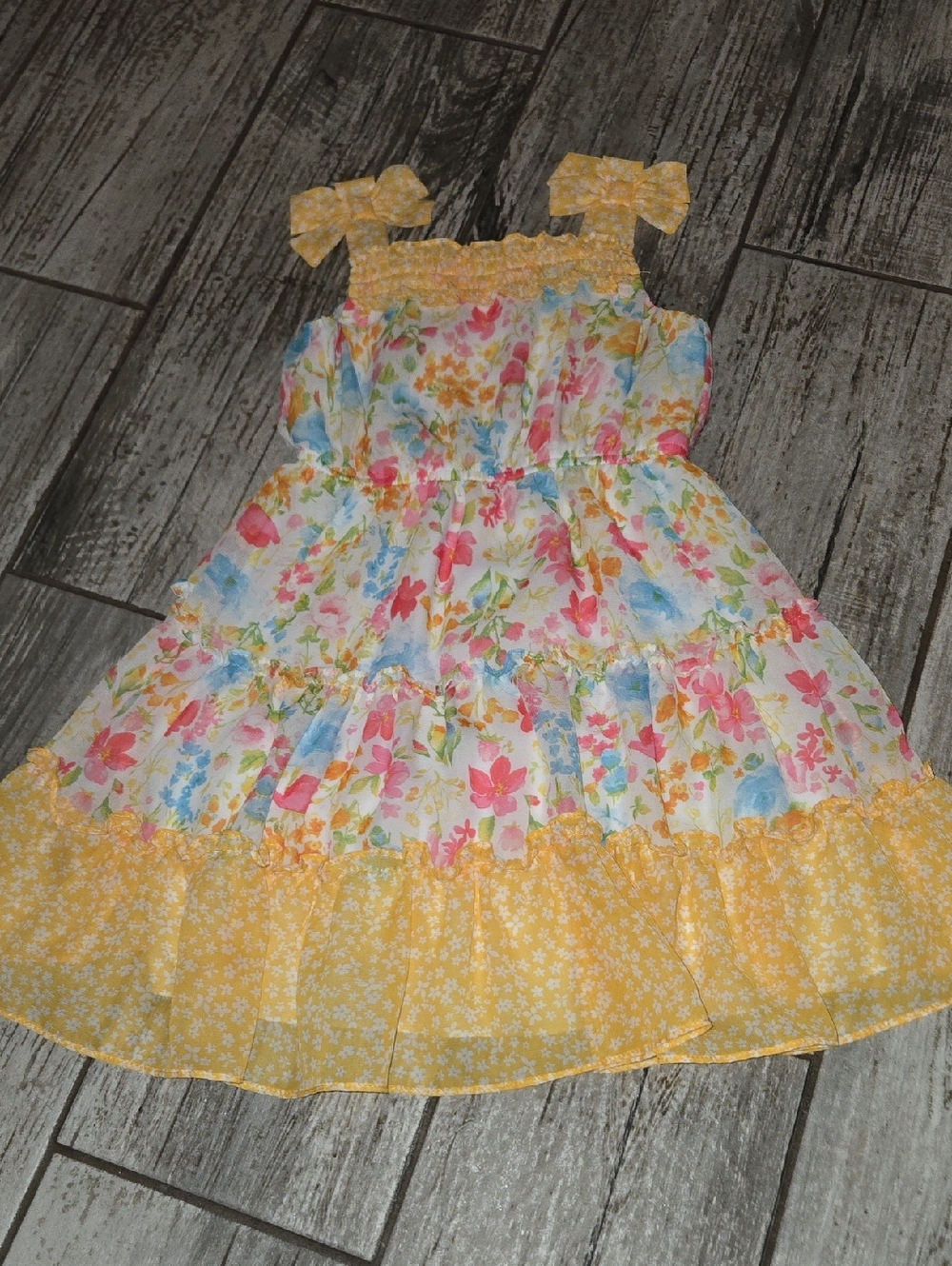 Girls' Yellow Floral Tiered Sundress with Bow Straps